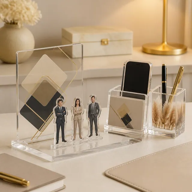 Set corporate din plexiglas cu branding de birou, suport și mini-figurine de echipă