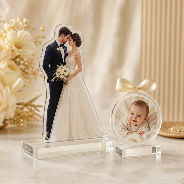 Figurină foto cu miri și ornament foto pentru botez, realizate din plexiglas