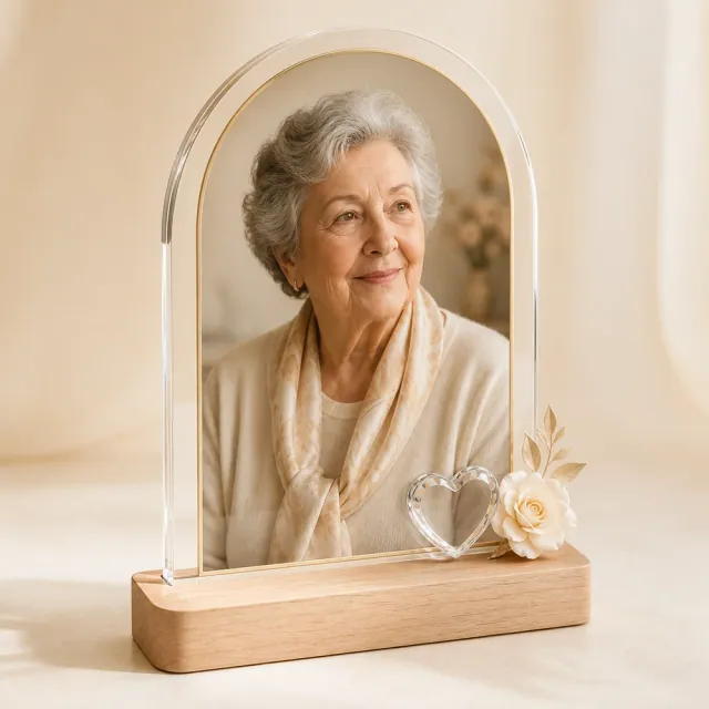 Plachetă foto comemorativă din plexiglas, cu bază din lemn și decor discret